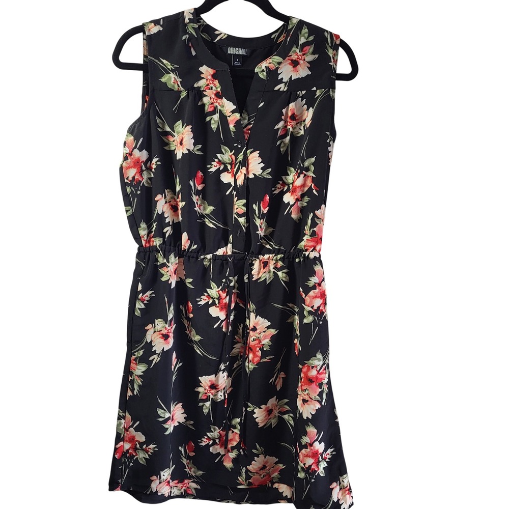 ORIGINAL Black Floral Print‎ Sleeveless Button Front Elastic Waist Midi Dress S